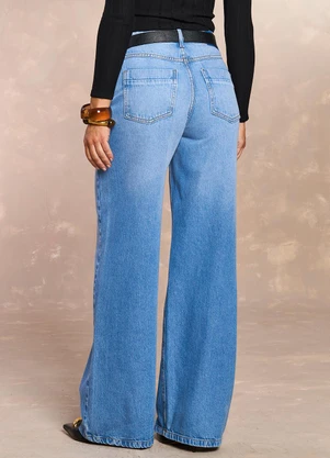 Doce Trama - Calça Wide Leg Rosa Jardim Boho em Denim Azul - DOCE TRAMA