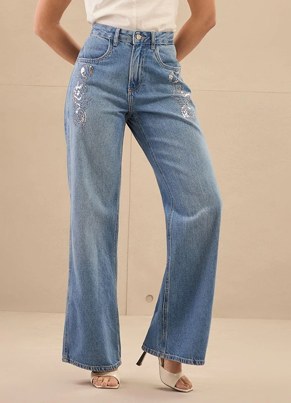 Lunender - Calça Jeans Wide Leg com Bordados Azul