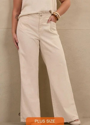 Lunender Mais Mulher - Calça Wide Leg Plus Size em Sarja com Linho Bege - LUNENDER MAIS MULHER