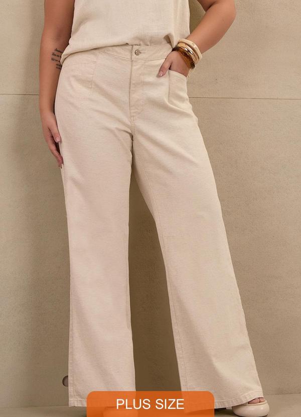 Lunender Mais Mulher - Calça Wide Leg Plus Size em Sarja com Linho Bege