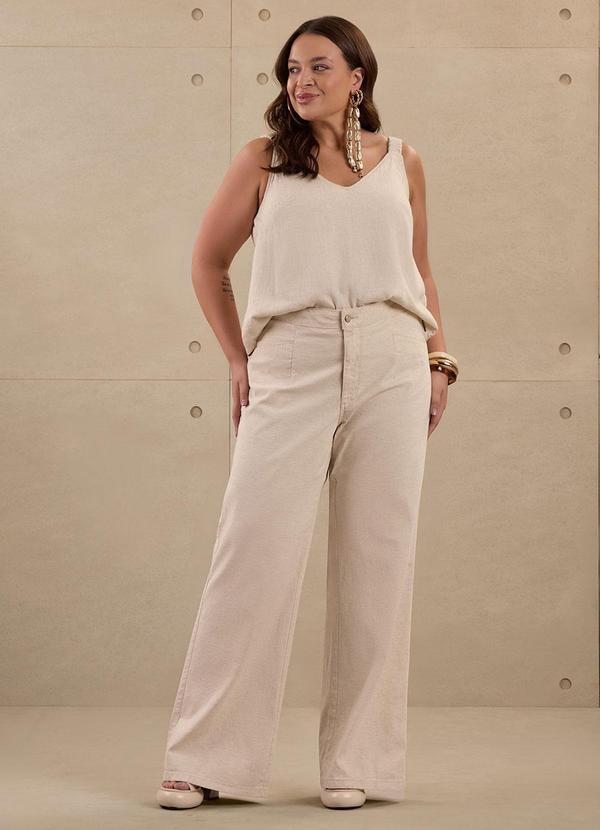 Lunender Mais Mulher - Calça Wide Leg Plus Size em Sarja com Linho Bege 3
