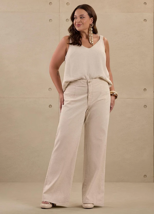 Lunender Mais Mulher - Calça Wide Leg Plus Size em Sarja com Linho Bege 3