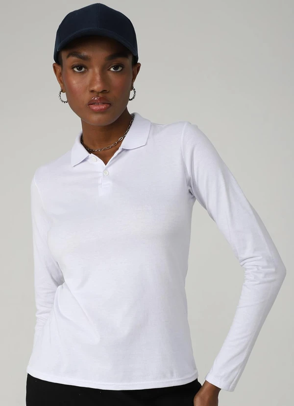 Basicamente - Camisa Polo Manga Longa Feminina Branco