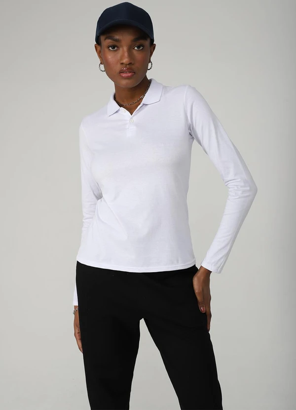 Basicamente - Camisa Polo Manga Longa Feminina Branco 2