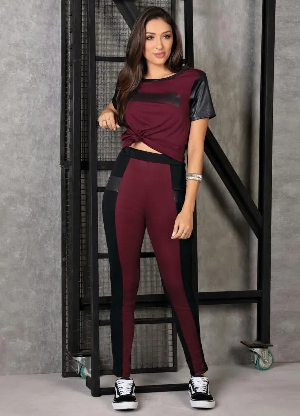 Moda Pop - Legging Bordô e Preta com Recorte em Cirrê 3