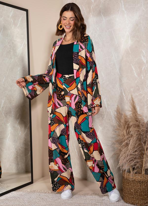 Quintess - Calça Abstrata Colorida em Viscose Plana 8
