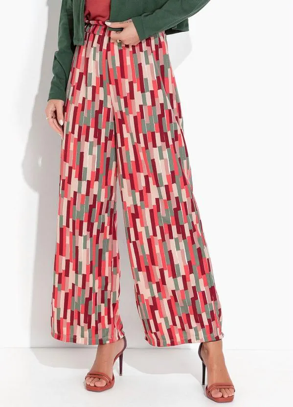 Moda Pop - Calça Abstrato Vermelho  com Cintura Alta