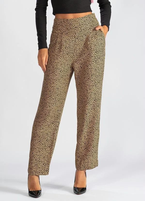 Hering - Calça Ampla de Viscose Estampa de Onça Marrom