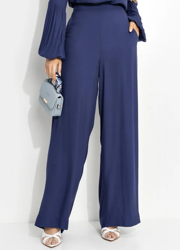 Quintess - Calça Pantalona Azul em Viscose Sarjada com Cintura Alta e Elástico 2