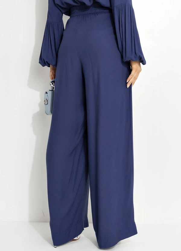 Quintess - Calça Pantalona Azul em Viscose Sarjada com Cintura Alta e Elástico 6