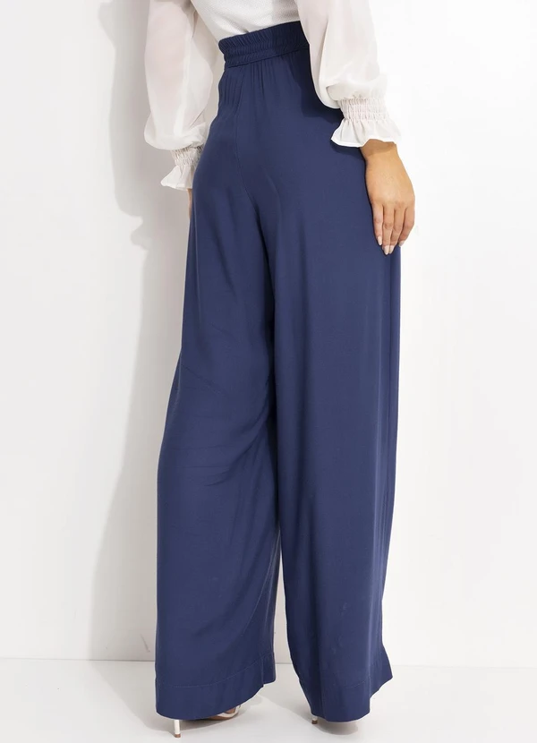 Quintess - Calça Pantalona Azul em Viscose Sarjada com Cintura Alta e Elástico 7