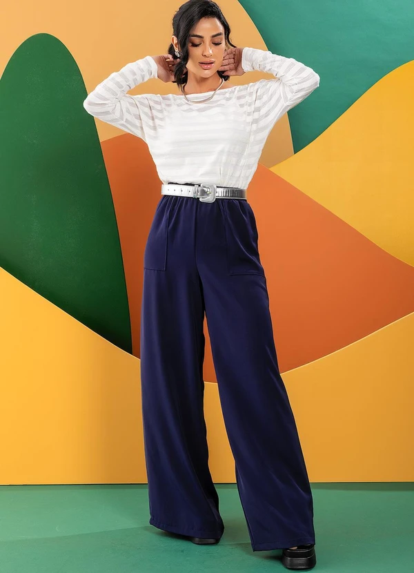 Quintess - Calça Azul Marinho em Crepe Plano Acetinado 5