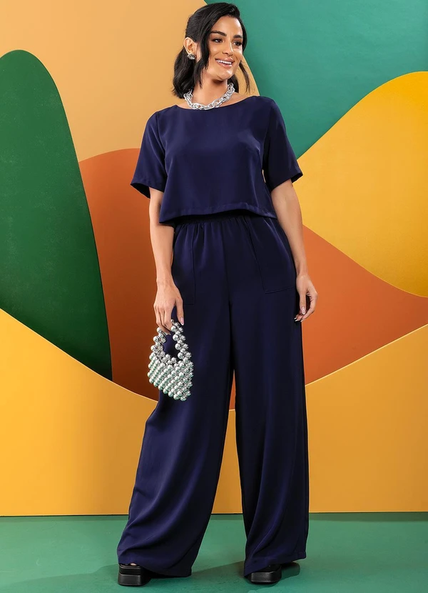 Quintess - Calça Azul Marinho em Crepe Plano Acetinado 2