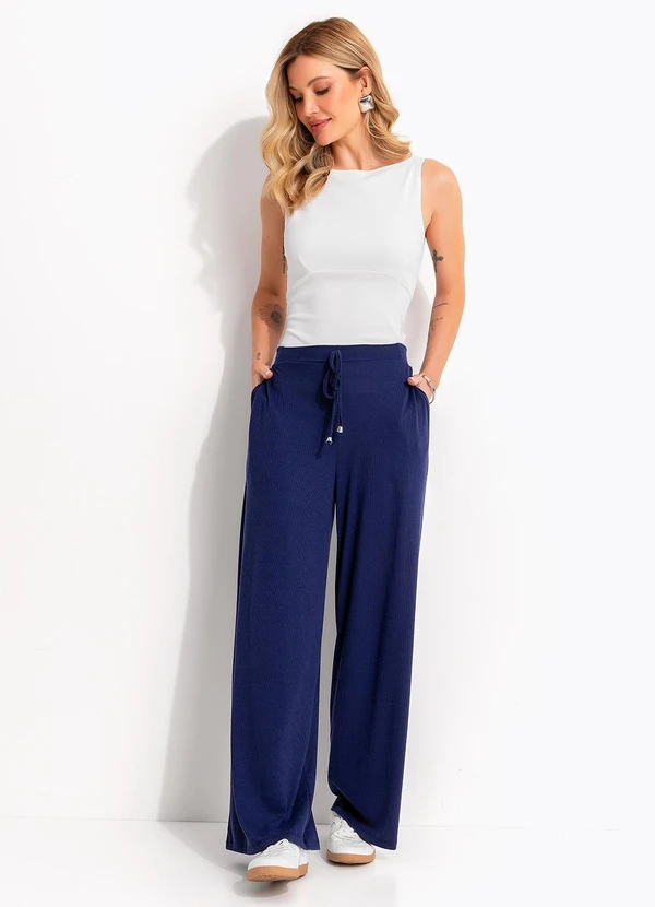 Quintess - Calça Azul Marinho em Malha Canelada