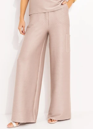 Quintess - Calça Bege Claro em Malha Canelada Texturizada - QUINTESS