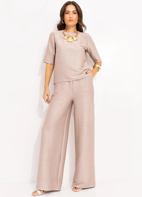 Quintess - Calça Bege Claro em Malha Canelada Texturizada 4