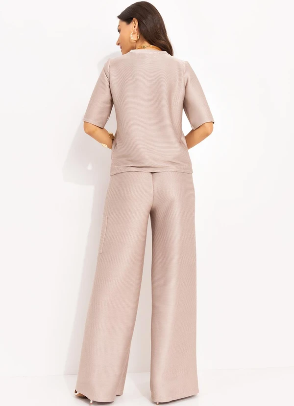 Quintess - Calça Bege Claro em Malha Canelada Texturizada 3