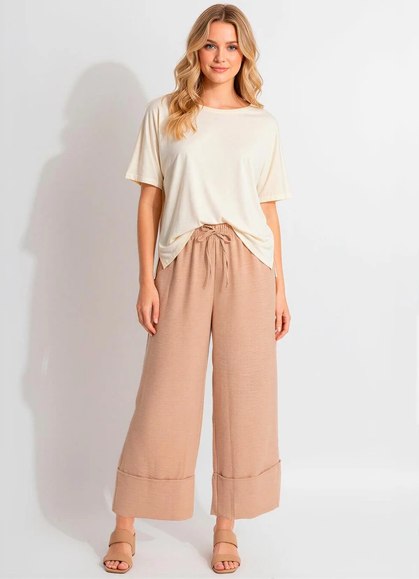 Quintess - Calça Bege em Tecido Texturizado