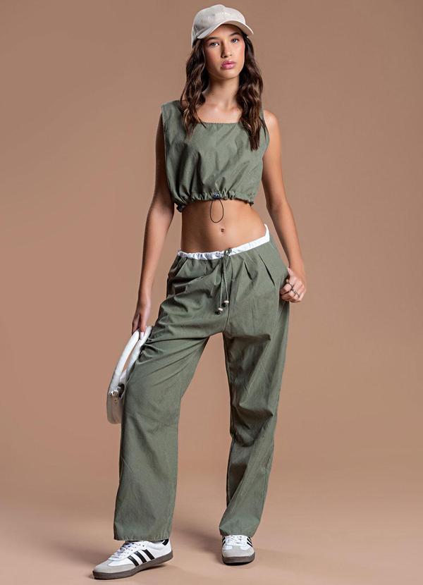 Choyee - Calça com Amarração e Cós Contrastante Verde 2