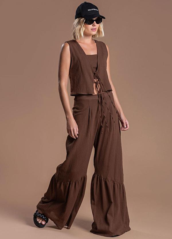 Choyee - Calça com Recorte Diagonal Franzido Marrom 3