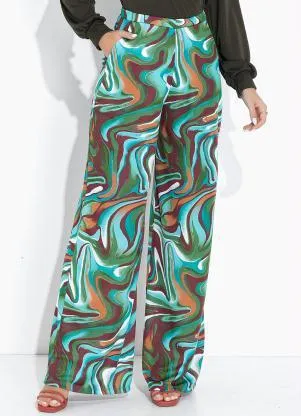 Moda Pop - Calça Efeito Líquido Turquesa Pantalona - MODA POP