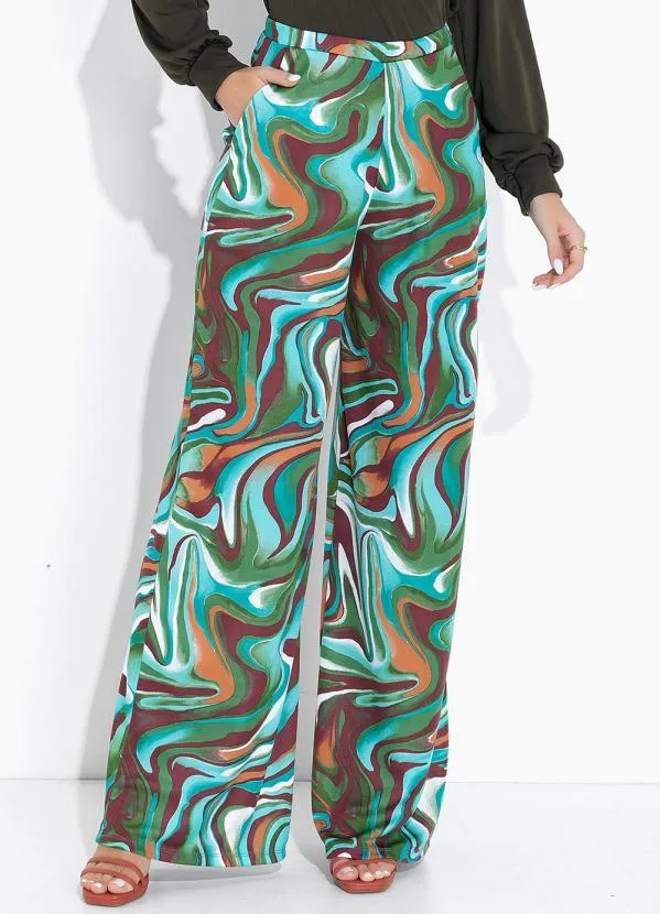 Moda Pop - Calça Efeito Líquido Turquesa Pantalona