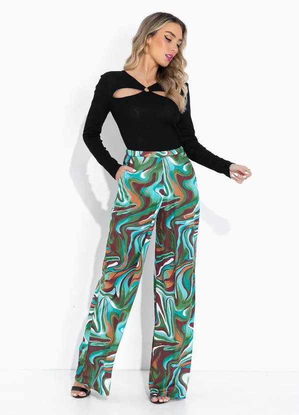 Moda Pop - Calça Efeito Líquido Turquesa Pantalona 3