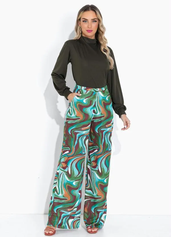 Moda Pop - Calça Efeito Líquido Turquesa Pantalona 5