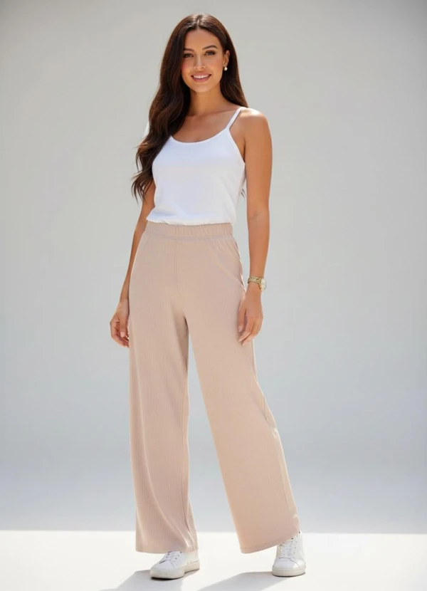 Bimini - Calça em Malha Canelada Texturizada Bege