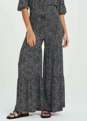 Marialícia - Calça Feminina Pantalona Floral Preto - MARIALÍCIA