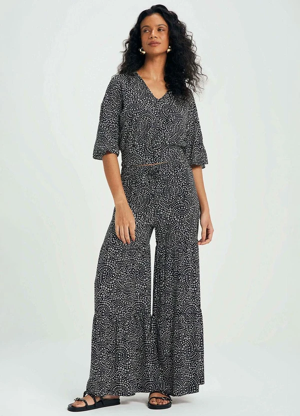 Marialícia - Calça Feminina Pantalona Floral Preto 2