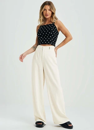 Marialícia - Calça Feminina Pantalona Linho Bege - MARIALÍCIA