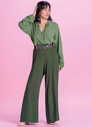 Marialícia - Calça Feminina Pantalona Lisa Verde - MARIALÍCIA