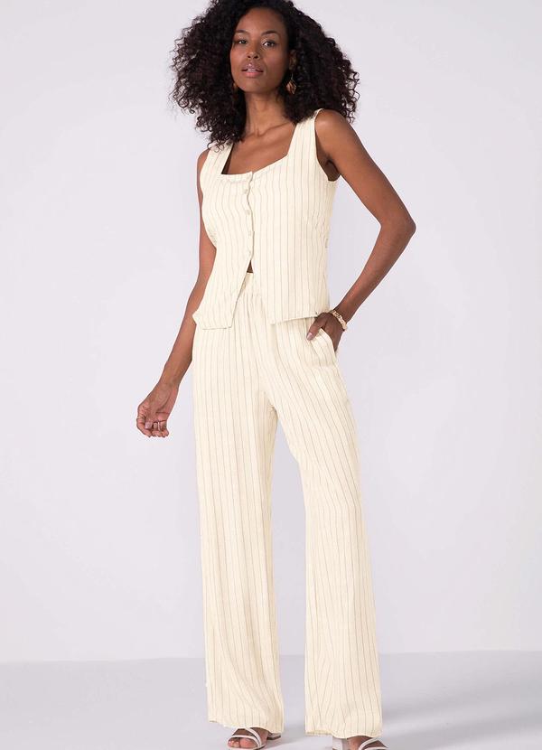 Marialícia - Calça Feminina Pantalona Listrada Bege 2