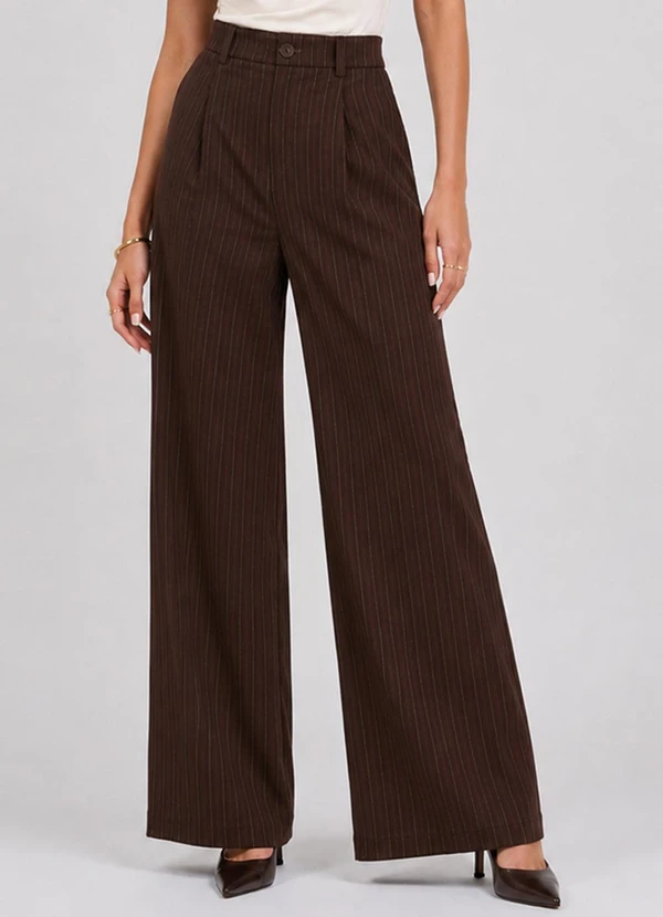 Rovitex - Calça Feminina Risca de Giz Alfaiataria Marrom