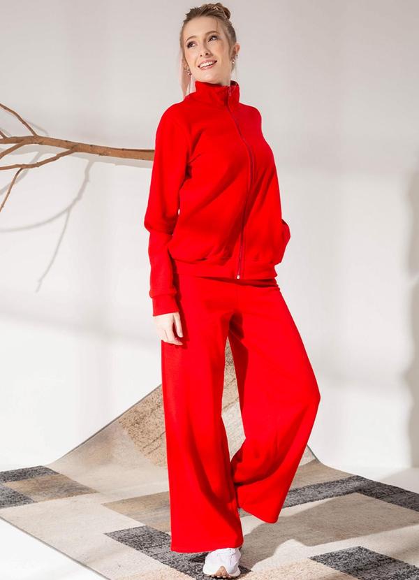 Habana - Calça Feminina Wide Leg em Moletom Vermelho 2