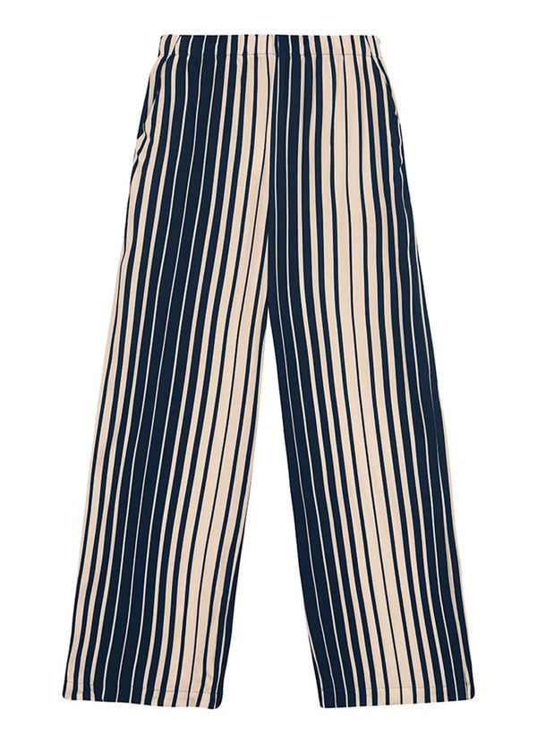 Malwee - Calça Feminina Wide Leg Listrada em Azul Marinho