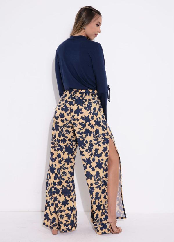 Outlet - Calça Floral Bege com Fendas Laterais 4