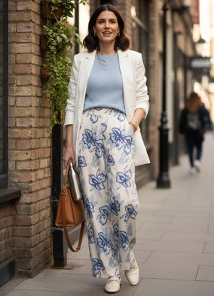 Quintess - Calça Floral Grande Azul em Linho - QUINTESS