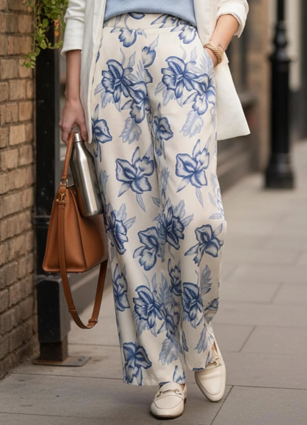 Quintess - Calça Floral Grande Azul em Linho