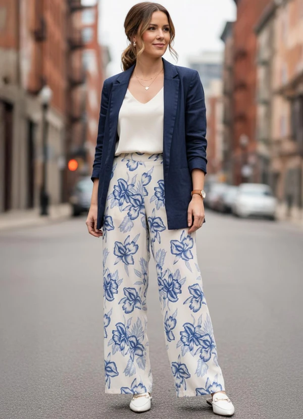 Quintess - Calça Floral Grande Azul em Linho 2