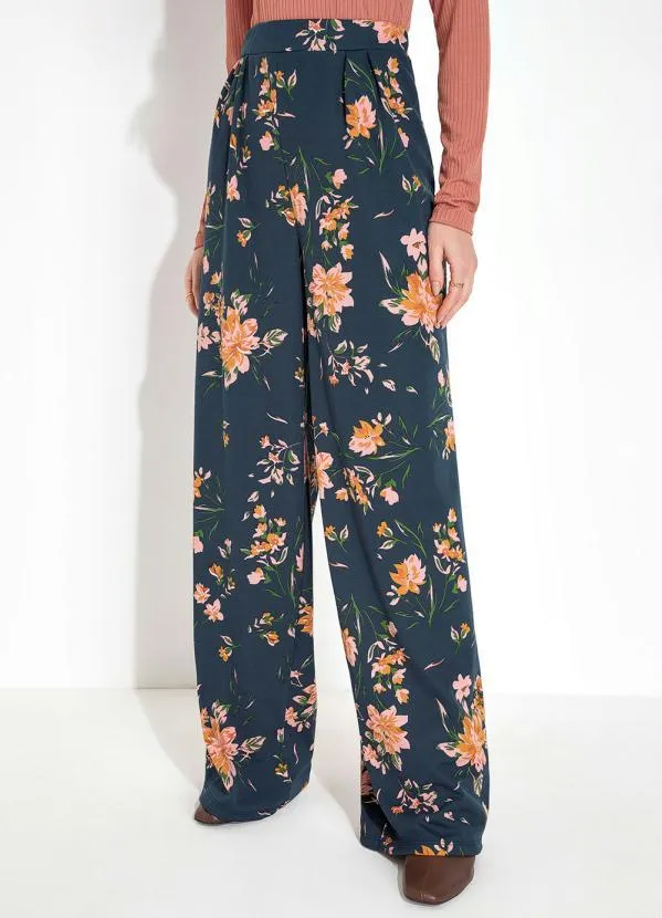 Moda Pop - Calça Floral Marinho Cintura Alta