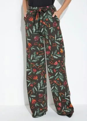 Moda Pop - Calça Floral Preto Bolsos e Detalhe de Amarração - MODA POP