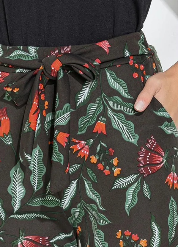 Moda Pop - Calça Floral Preto Bolsos e Detalhe de Amarração 3