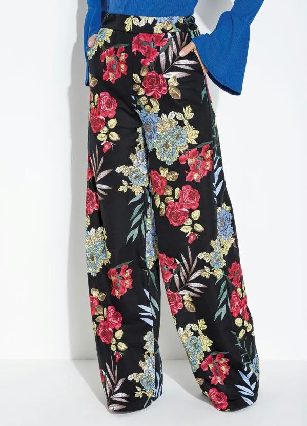 Moda Pop - Calça Floral Preto Cintura Alta