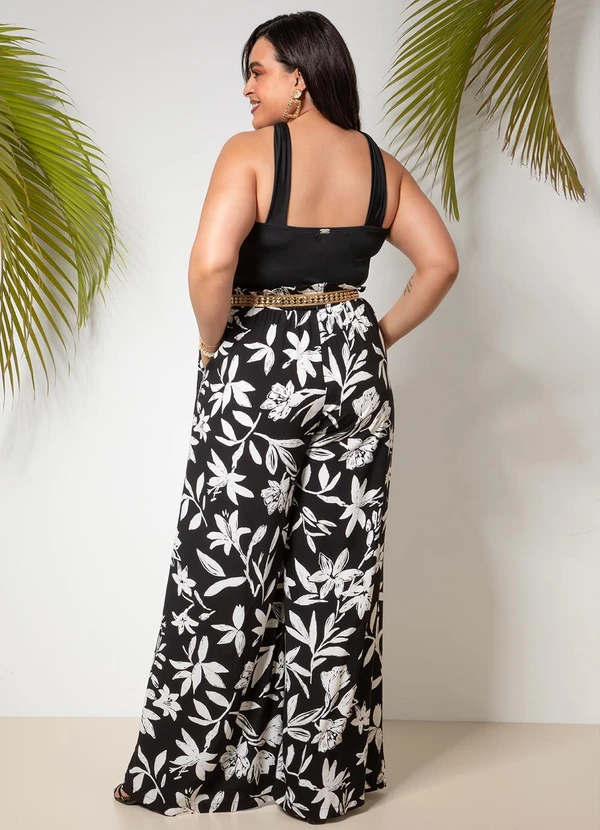 Quintess - Calça Floral Preto e Off White em Viscose Plana