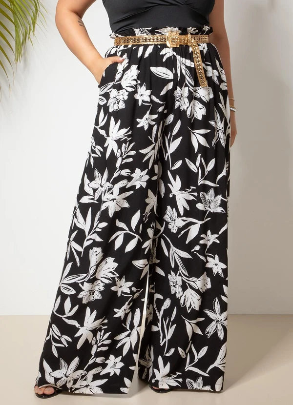 Quintess - Calça Floral Preto e Off White em Viscose Plana 8