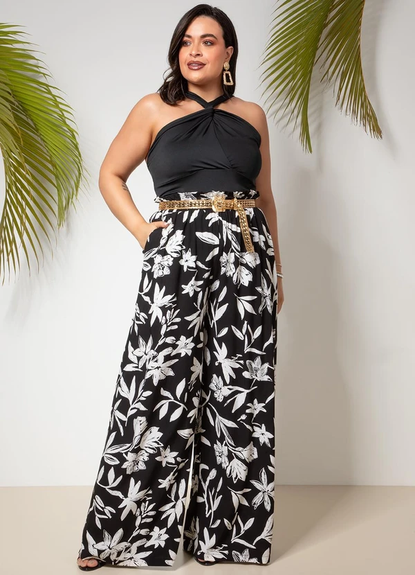 Quintess - Calça Floral Preto e Off White em Viscose Plana 9