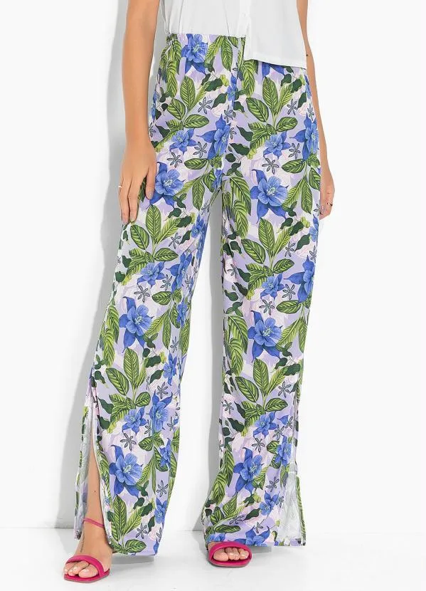 Moda Pop - Calça Floral Roxa com Fendas