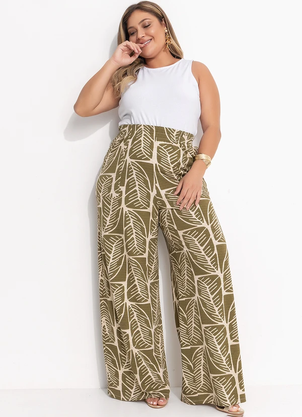 Quintess - Calça Folhagem Abstrata em Malha de Viscose Text 13